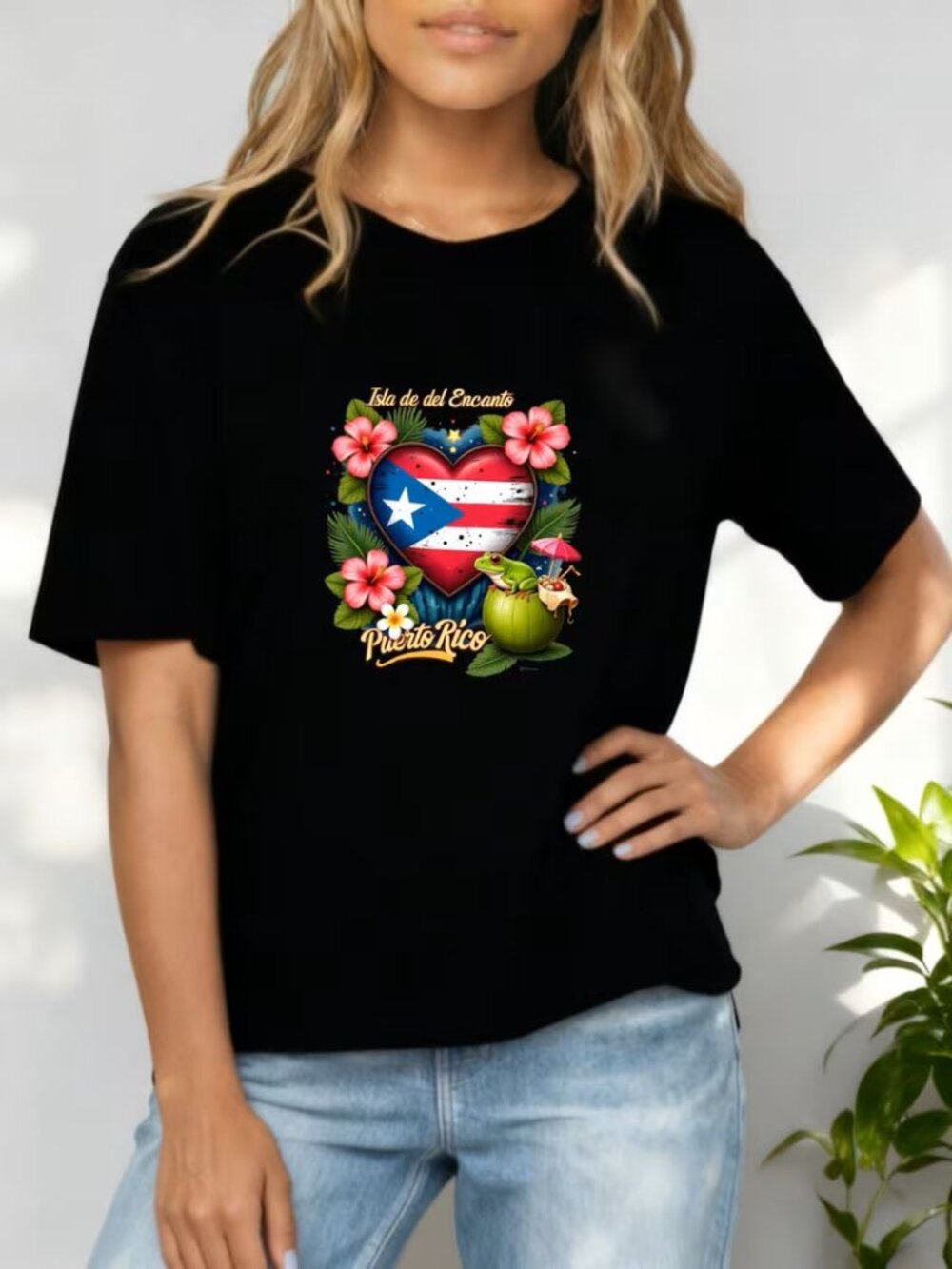 Women'S Casual Crew-Neck T-Shirt, Puerto Rico Heart Flag Frog Design